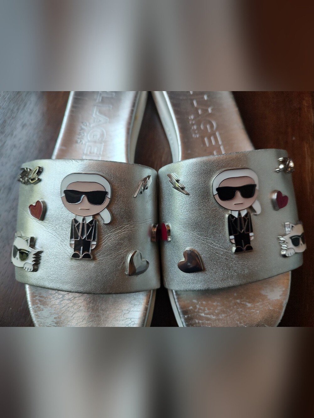 Karl Lagerfeld Paris Silver Choupette Cat Rhinestone Slides Sandals Women's 9